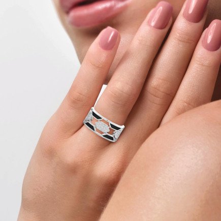 Geometric Diamond Cluster Band Ring with Black Enamel – Bold Modern Lab-Grown & Natural Diamond Ring