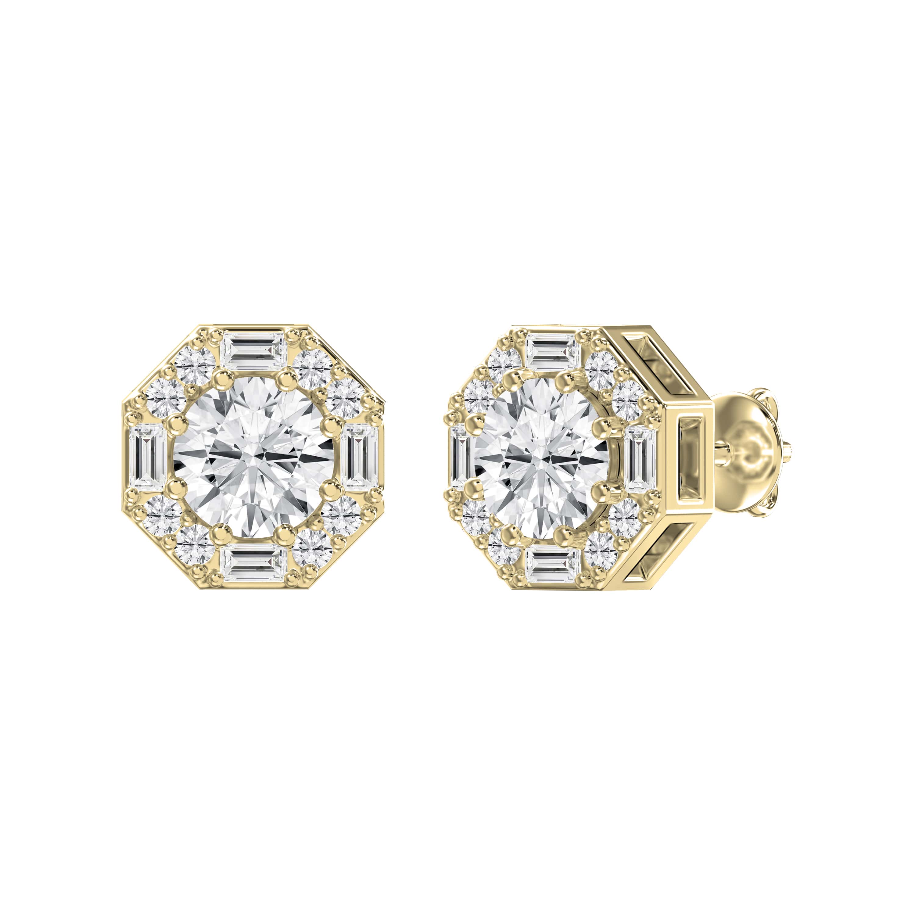 Octagon Halo Diamond Stud Earrings – Round Brilliant Center with Baguette & Round Accent Diamonds | Lab-Grown