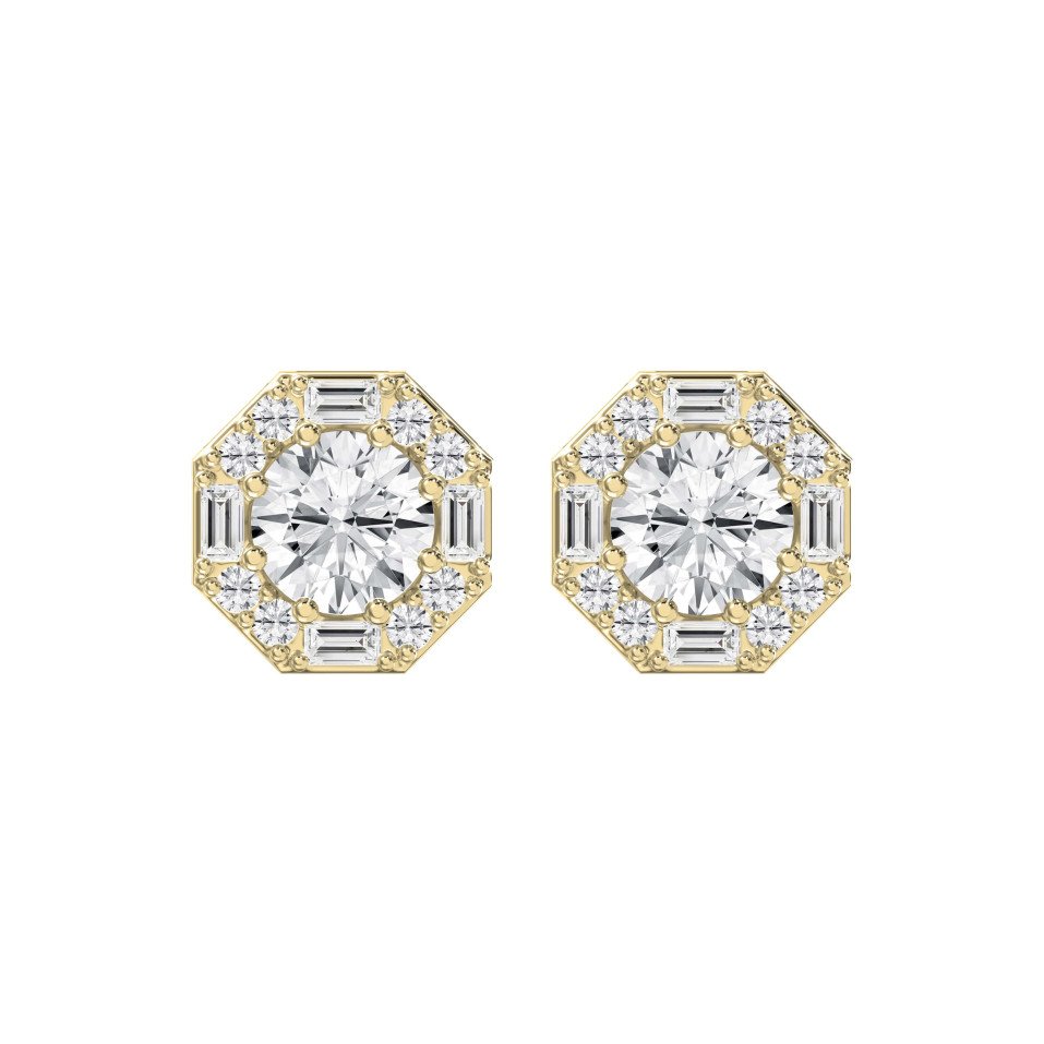Octagon Halo Diamond Stud Earrings – Round Brilliant Center with Baguette & Round Accent Diamonds | Lab-Grown