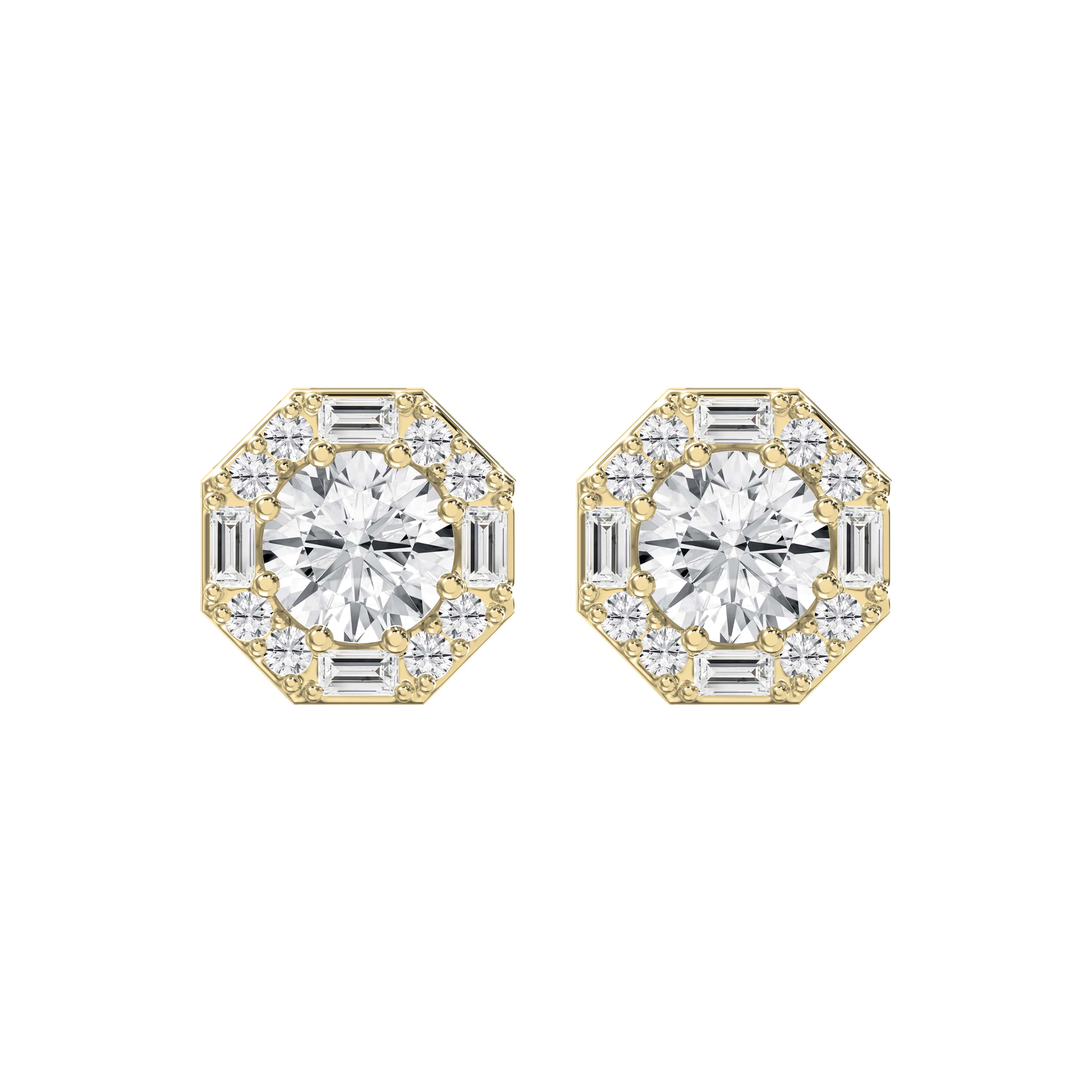 Octagon Halo Diamond Stud Earrings – Round Brilliant Center with Baguette & Round Accent Diamonds | Lab-Grown