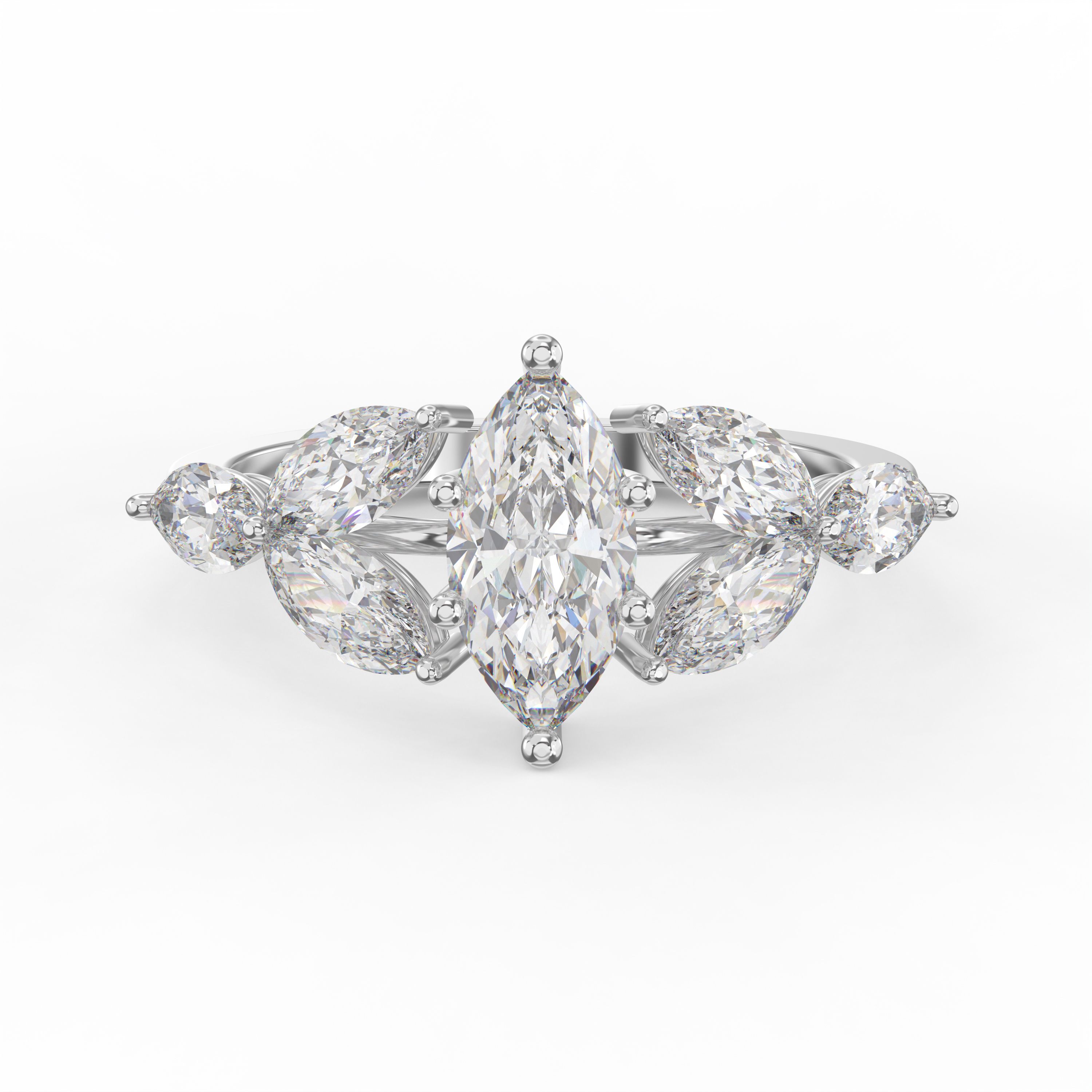 Fleur Design Marquise Shape Diamond Side Stone Engagement Ring Choose Lab- Grown & Natural