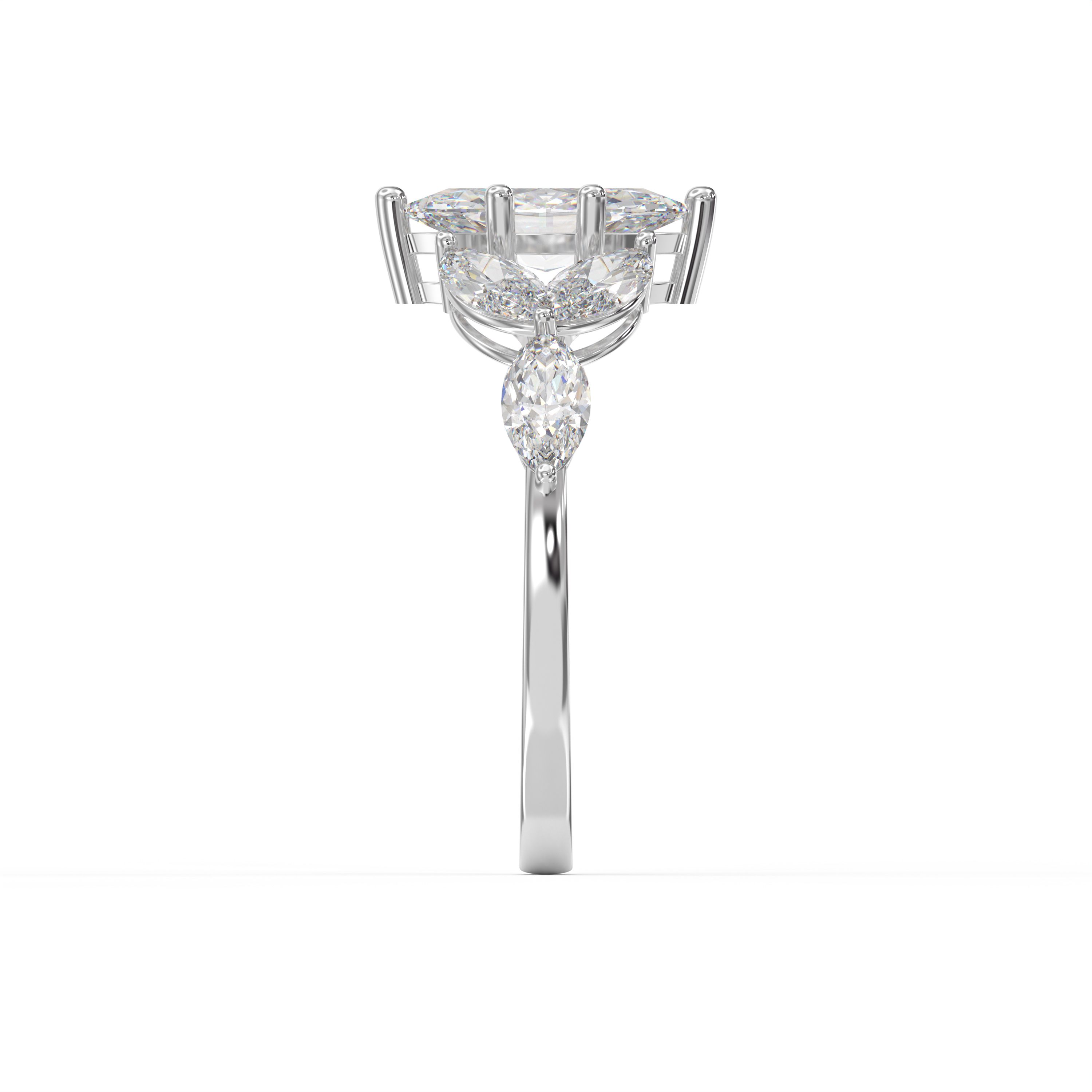 Fleur Design Marquise Shape Diamond Side Stone Engagement Ring Choose Lab- Grown & Natural