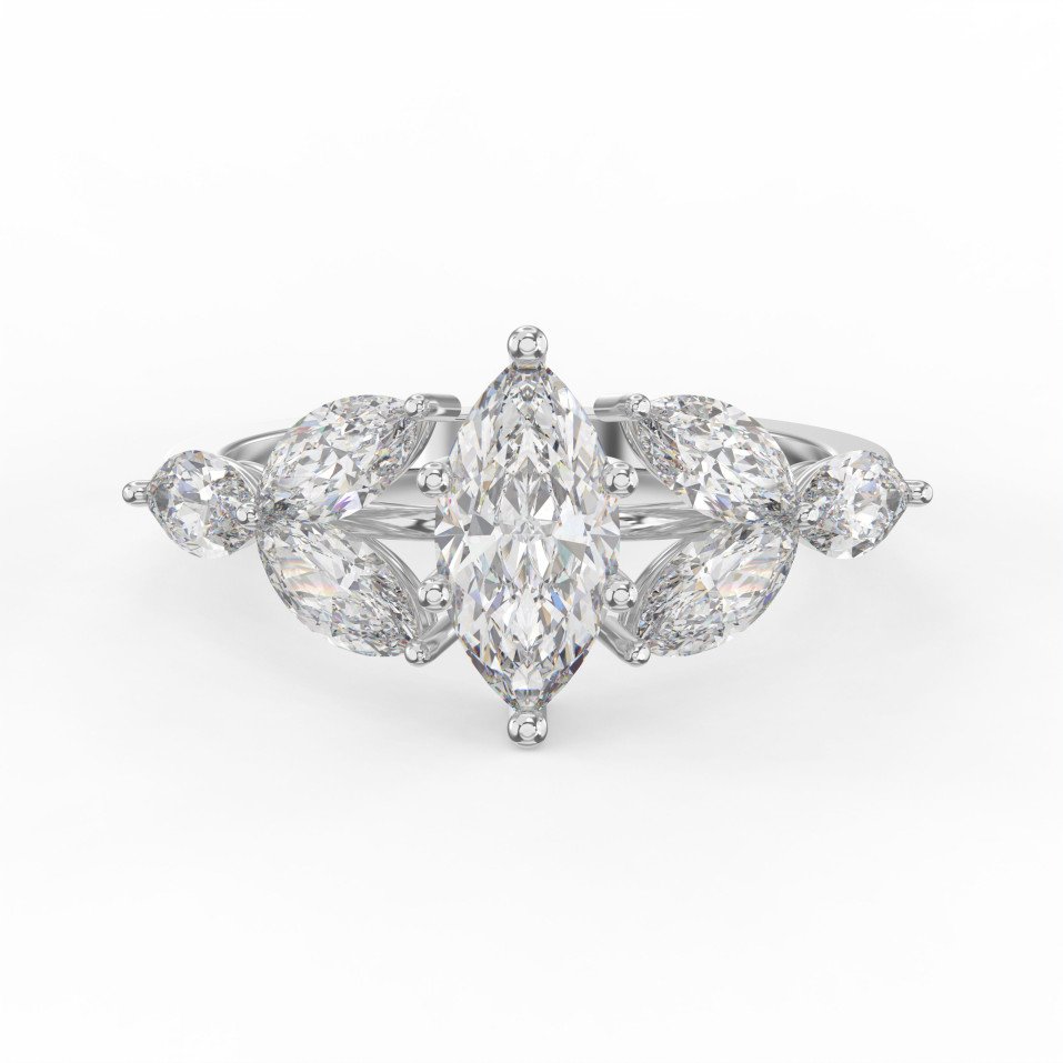 Fleur Design Marquise Shape Diamond Side Stone Engagement Ring Choose Lab- Grown & Natural