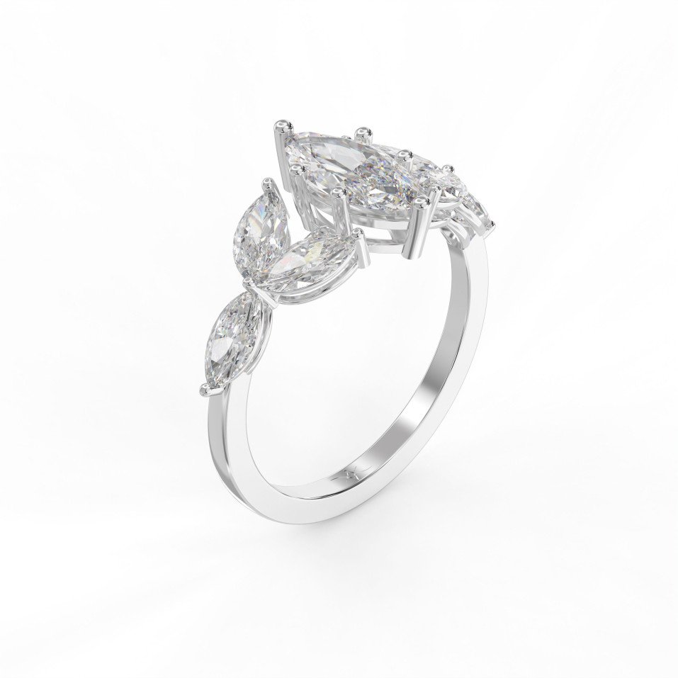 Fleur Design Marquise Shape Diamond Side Stone Engagement Ring Choose Lab- Grown & Natural