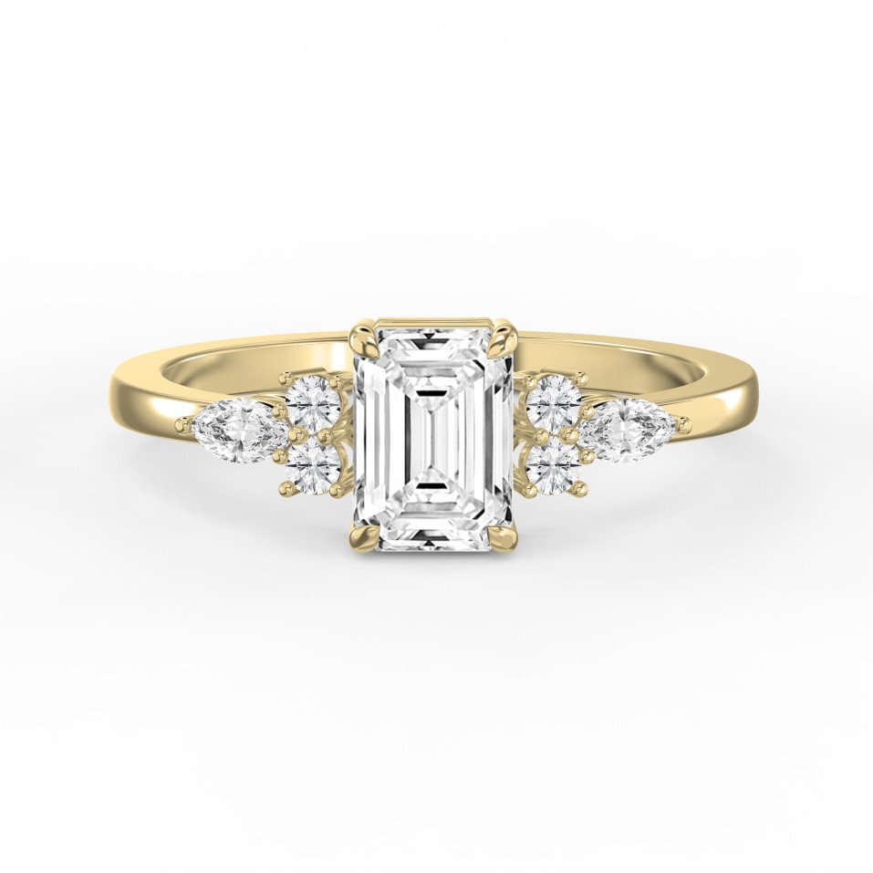 Emerald Cut Diamond Engagement Ring | Three-Stone Marquise & Round Side Accents | Lab - Grown & natural