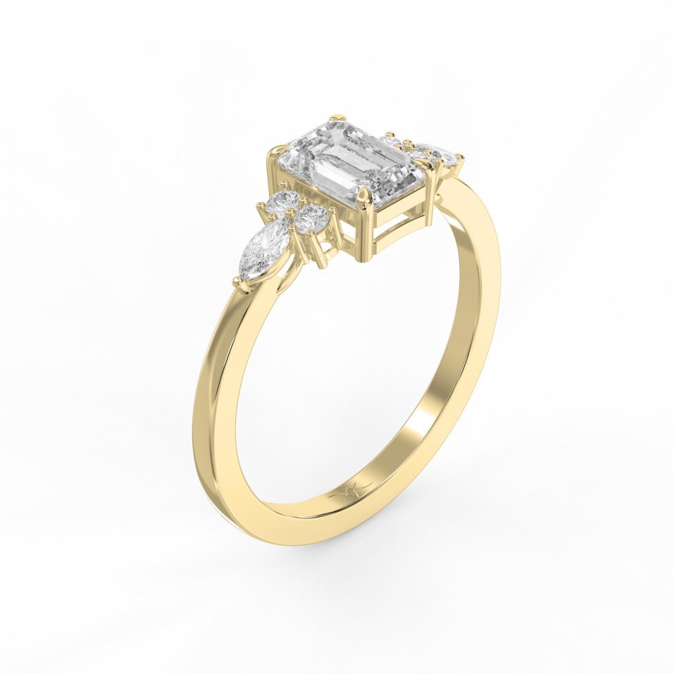 Emerald Cut Diamond Engagement Ring | Three-Stone Marquise & Round Side Accents | Lab - Grown & natural