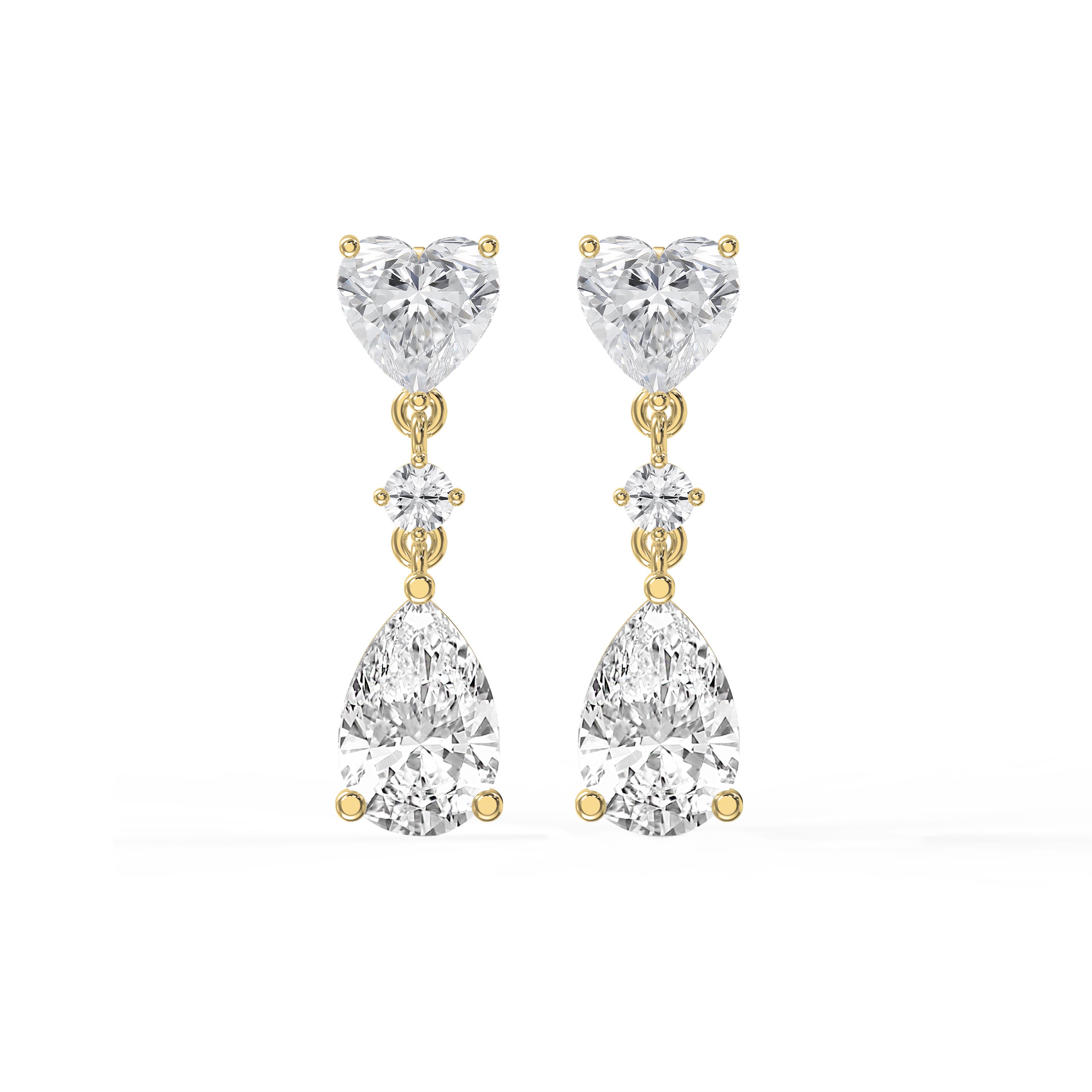Romantic Diamond Drop Earrings in Gold & Platinum – Heart , Round & Pear Cut Stones | Choose Lab-Grown Diamonds