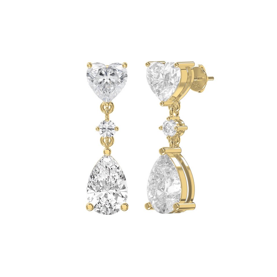 Romantic Diamond Drop Earrings in Gold & Platinum – Heart , Round & Pear Cut Stones | Choose Lab-Grown Diamonds