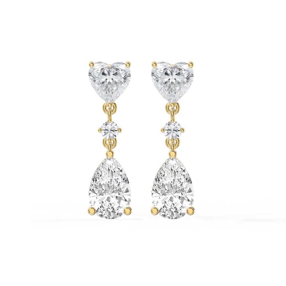 Romantic Diamond Drop Earrings in Gold & Platinum – Heart , Round & Pear Cut Stones | Choose Lab-Grown Diamonds