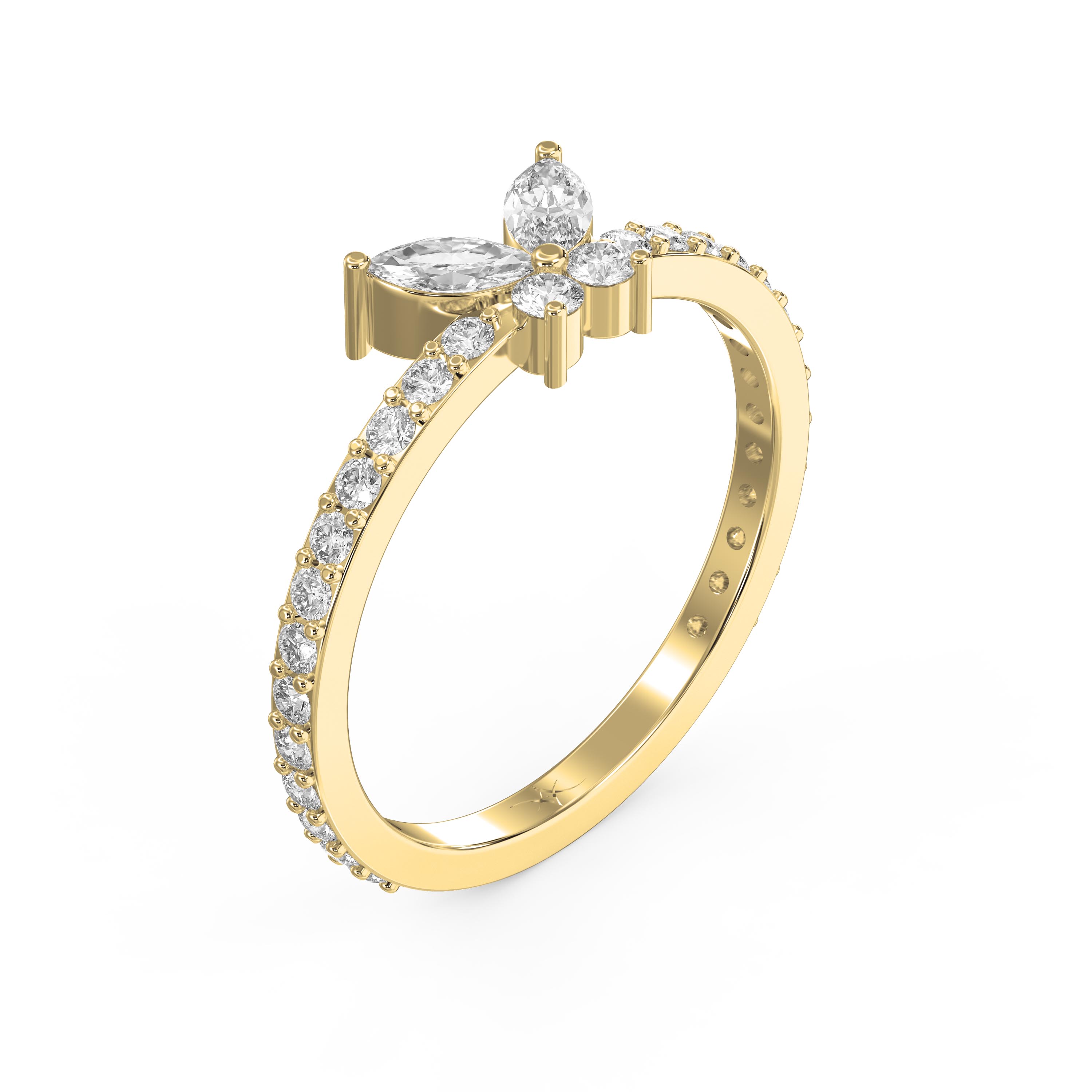 Floral Marquise and Round Diamond Ring in Yellow Gold – Elegant Diamond Band for Women
