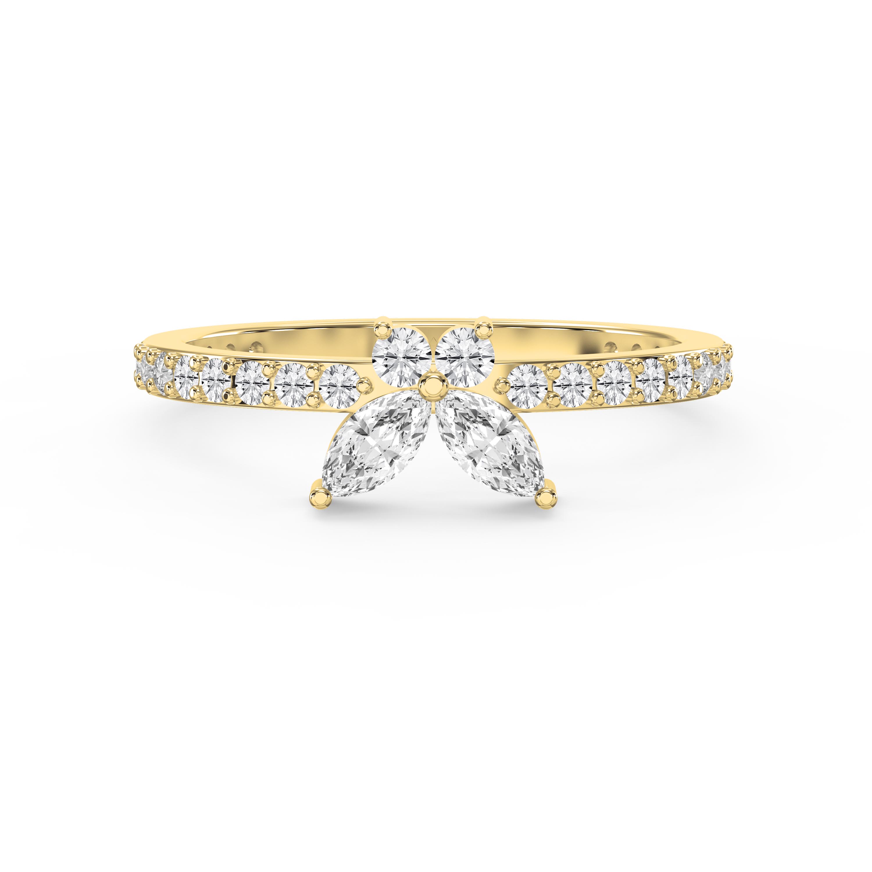 Floral Marquise and Round Diamond Ring in Yellow Gold – Elegant Diamond Band for Women