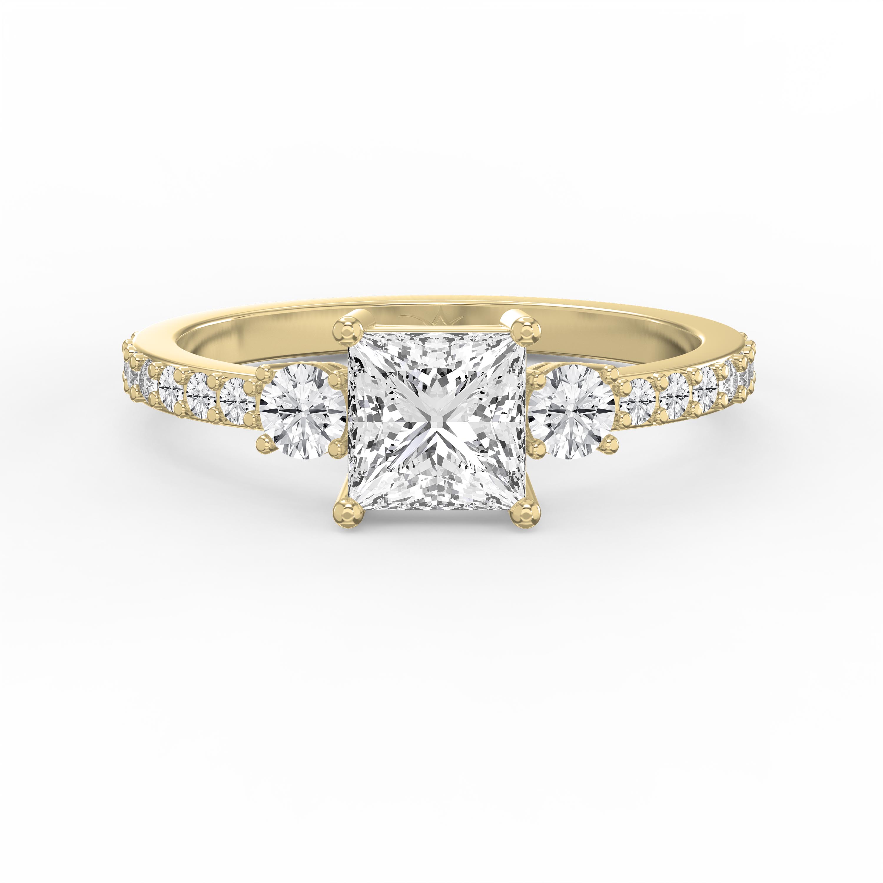Three-Stone Princess Cut Diamond Engagement Ring – Pavé Band with Round Side Stones | Lab Grown & Natural