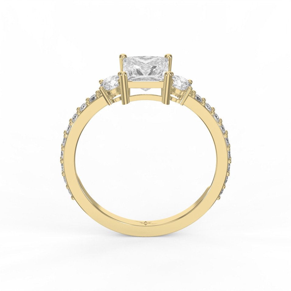 Three-Stone Princess Cut Diamond Engagement Ring – Pavé Band with Round Side Stones | Lab Grown & Natural