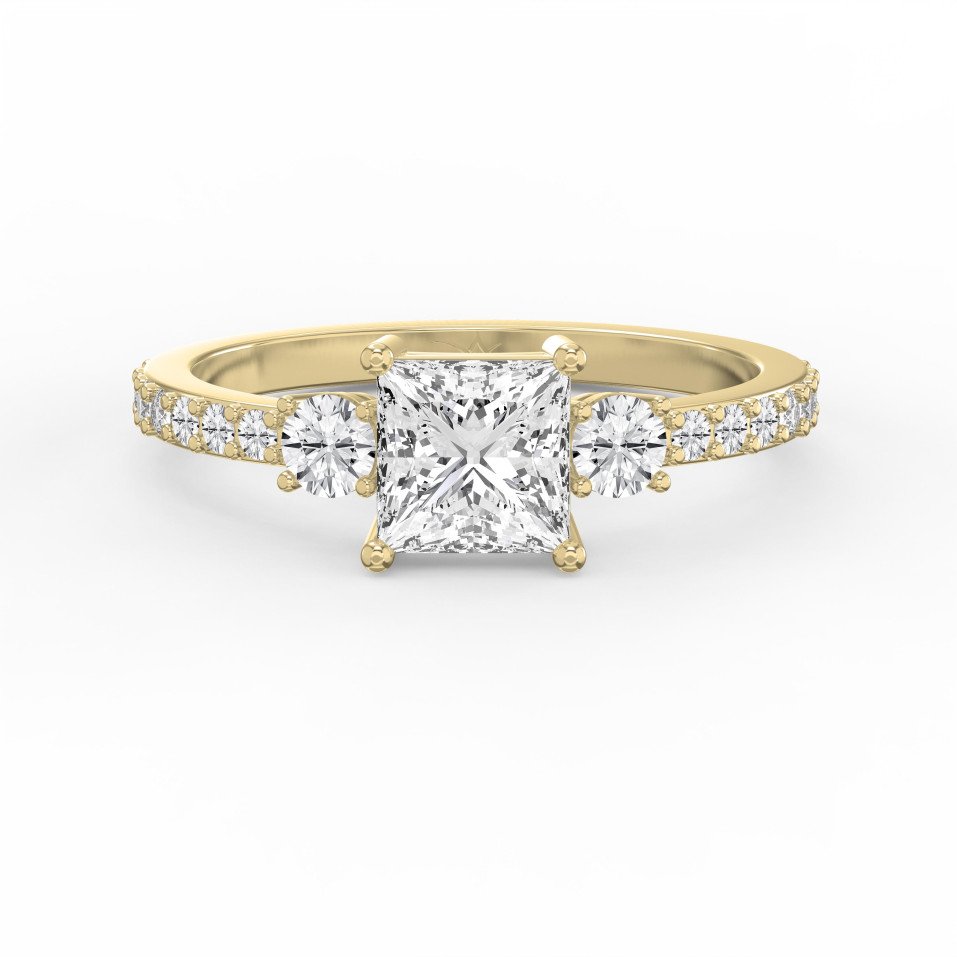 Three-Stone Princess Cut Diamond Engagement Ring – Pavé Band with Round Side Stones | Lab Grown & Natural