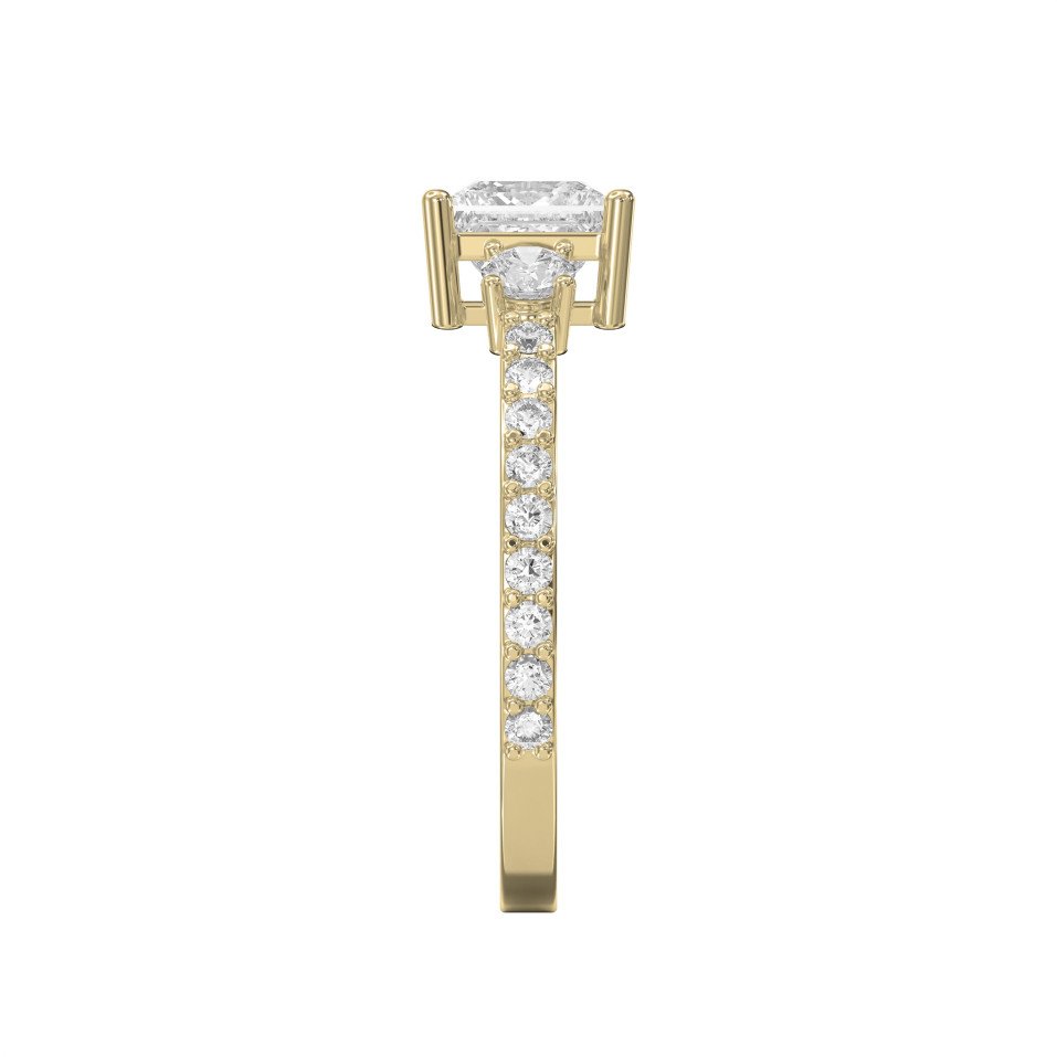 Three-Stone Princess Cut Diamond Engagement Ring – Pavé Band with Round Side Stones | Lab Grown & Natural