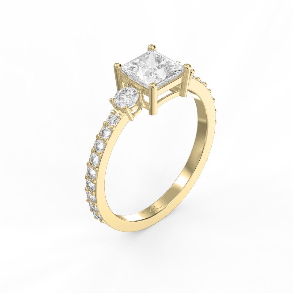 Three-Stone Princess Cut Diamond Engagement Ring – Pavé Band with Round Side Stones | Lab Grown & Natural