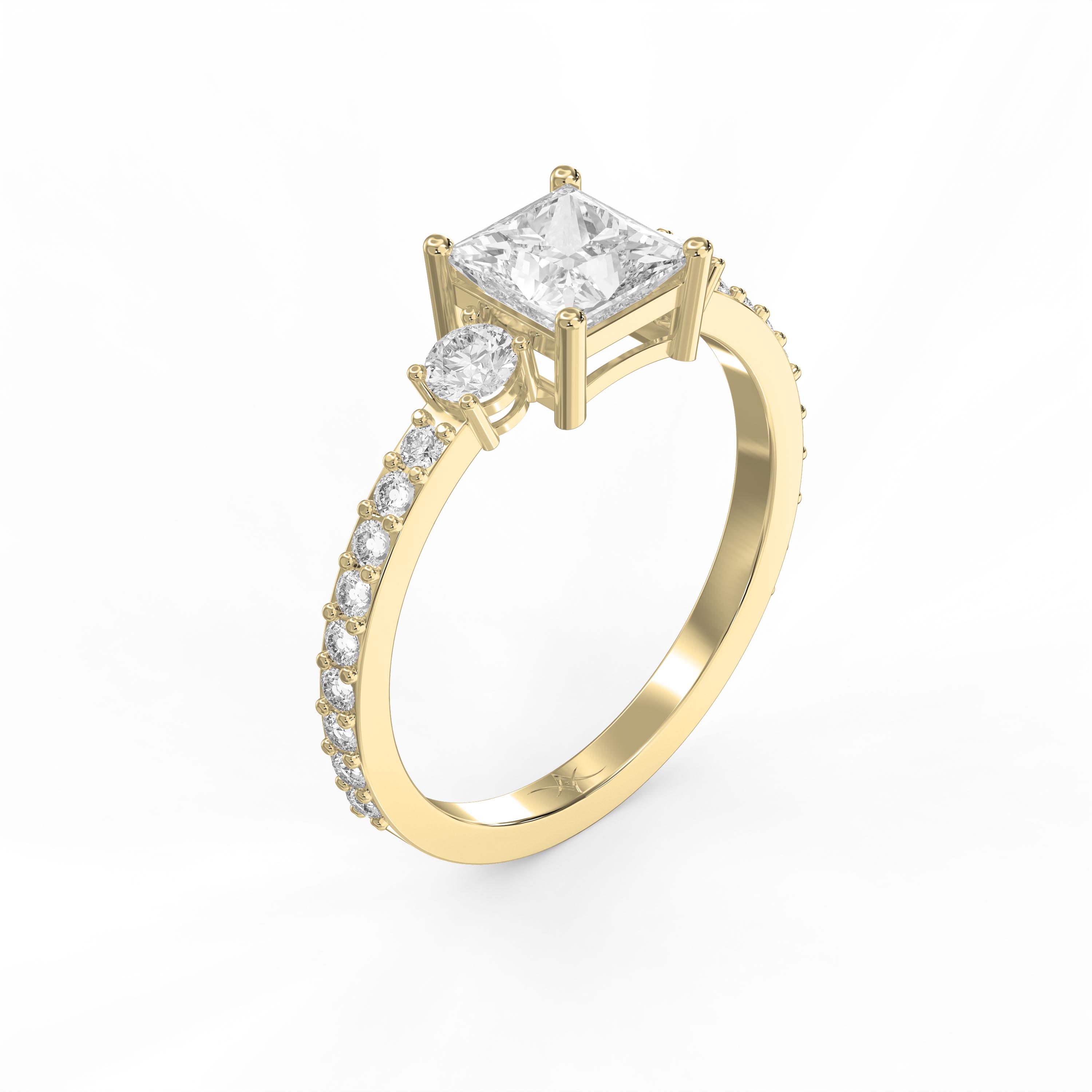 Three-Stone Princess Cut Diamond Engagement Ring – Pavé Band with Round Side Stones | Lab Grown & Natural
