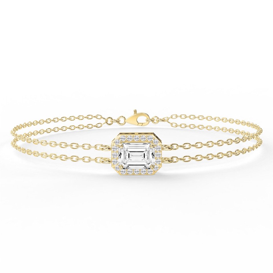 Diamond Bracelet Chain with Emerald Cut Halo Center – Double Chain Elegant Design