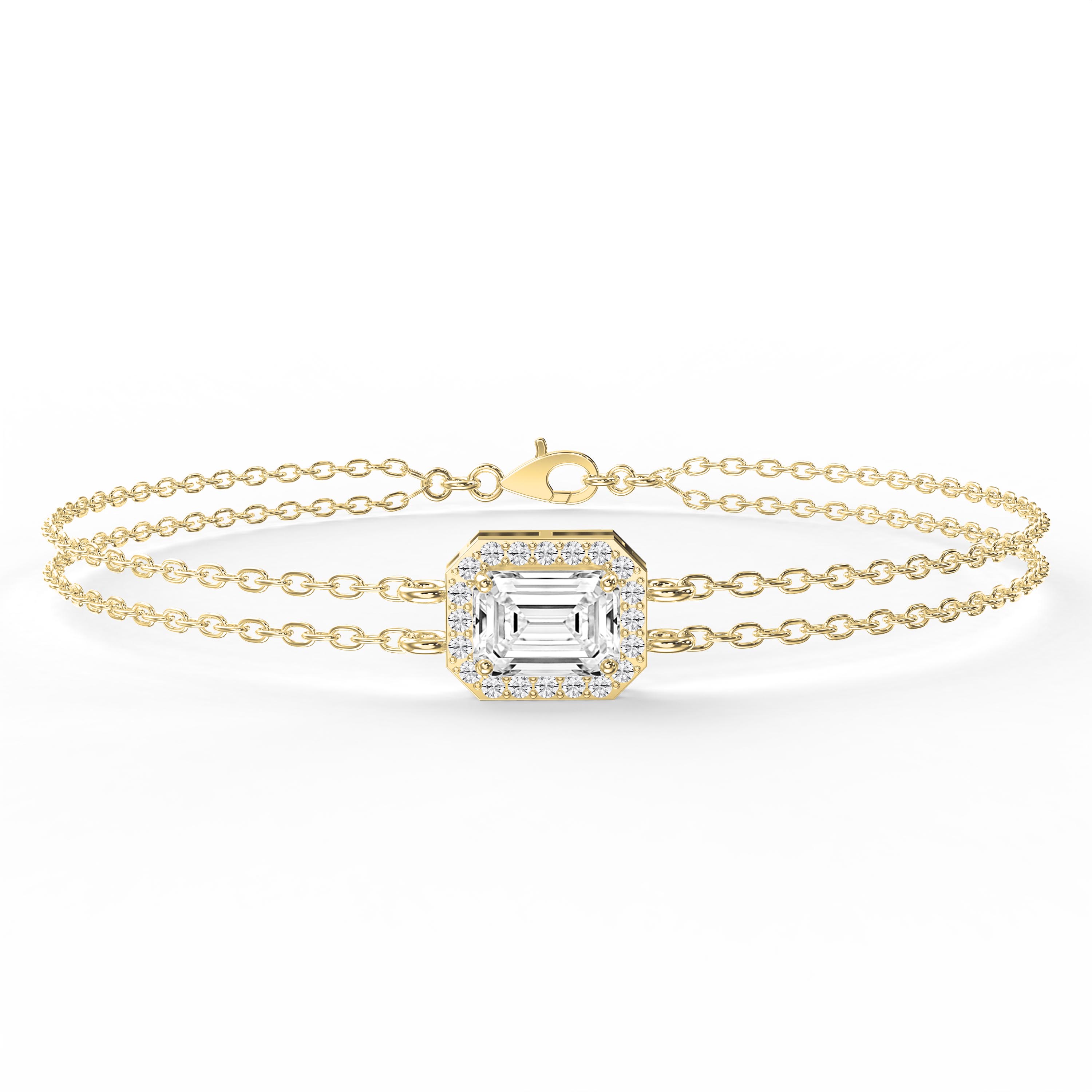 Diamond Bracelet Chain with Emerald Cut Halo Center – Double Chain Elegant Design