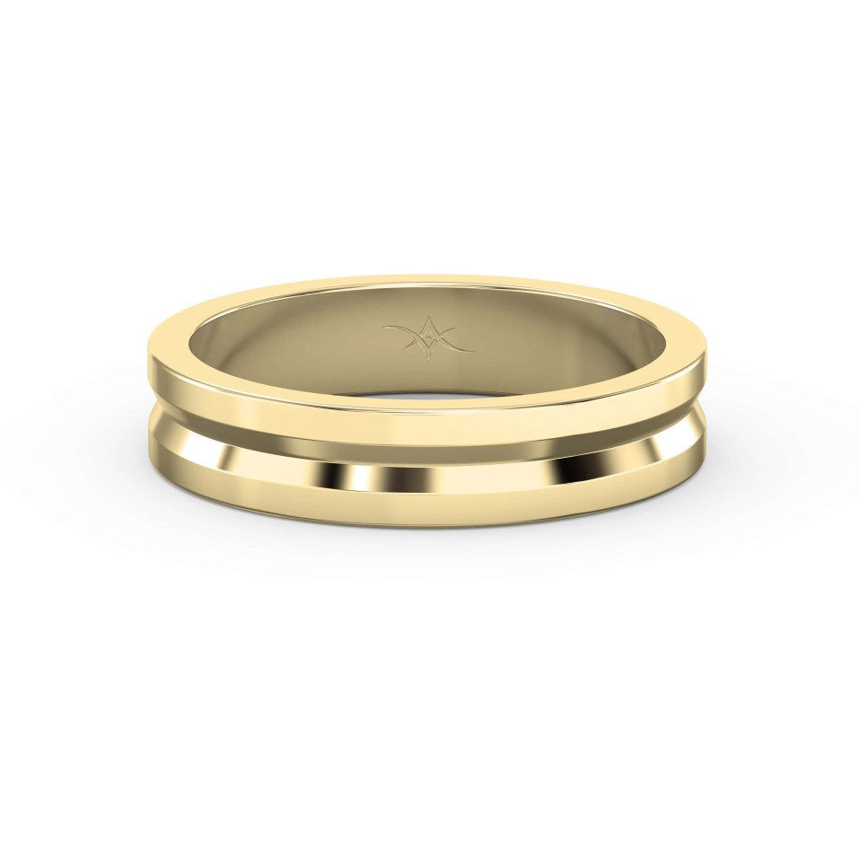 Bullnose Groove Pattern Flat Wedding Ring Bold Lines, Timeless Strength — A Gold Engagement Band for Men