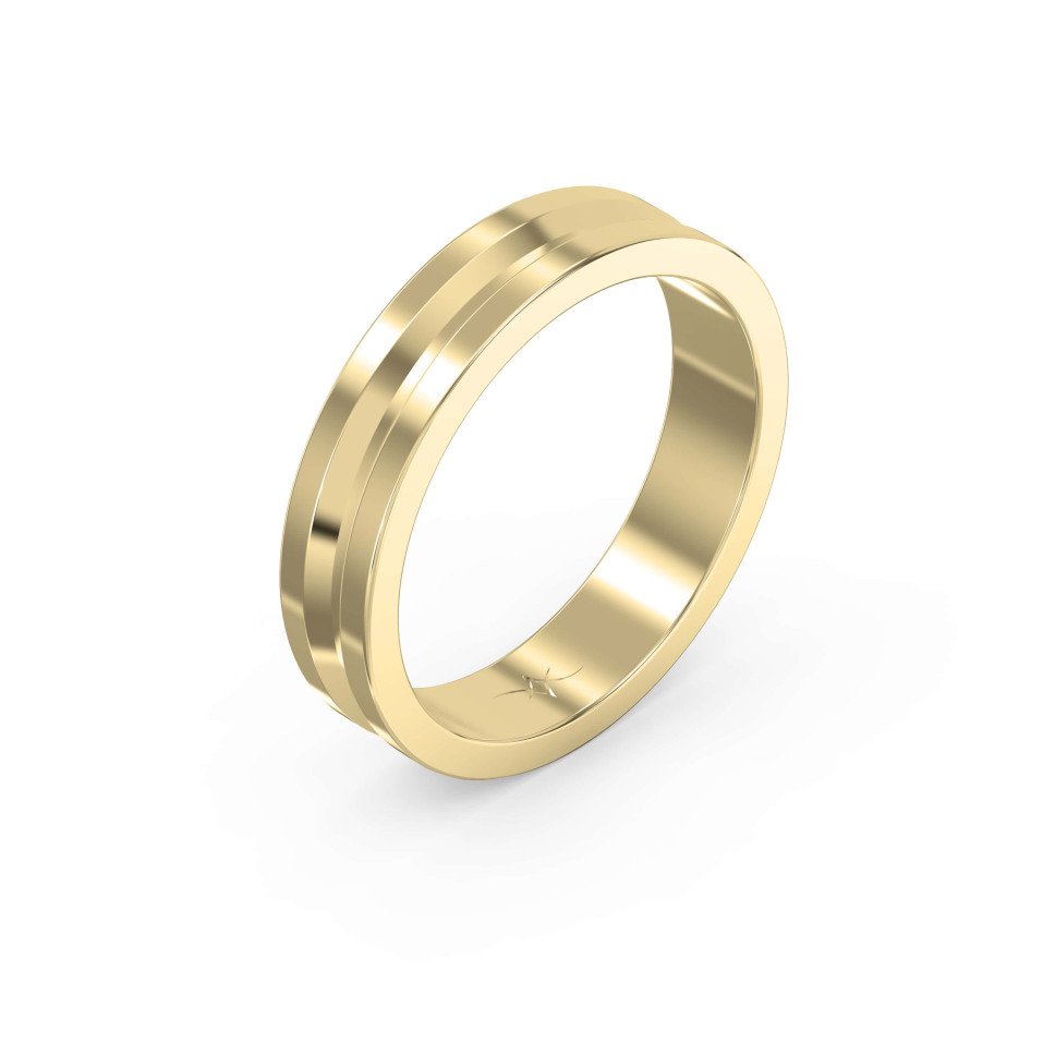 Bullnose Groove Pattern Flat Wedding Ring Bold Lines, Timeless Strength — A Gold Engagement Band for Men