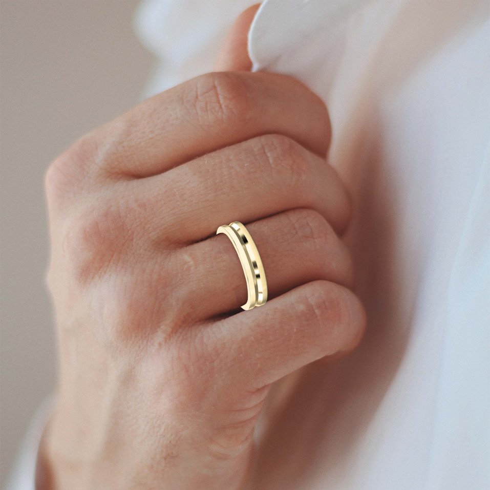 Bullnose Groove Pattern Flat Wedding Ring Bold Lines, Timeless Strength — A Gold Engagement Band for Men