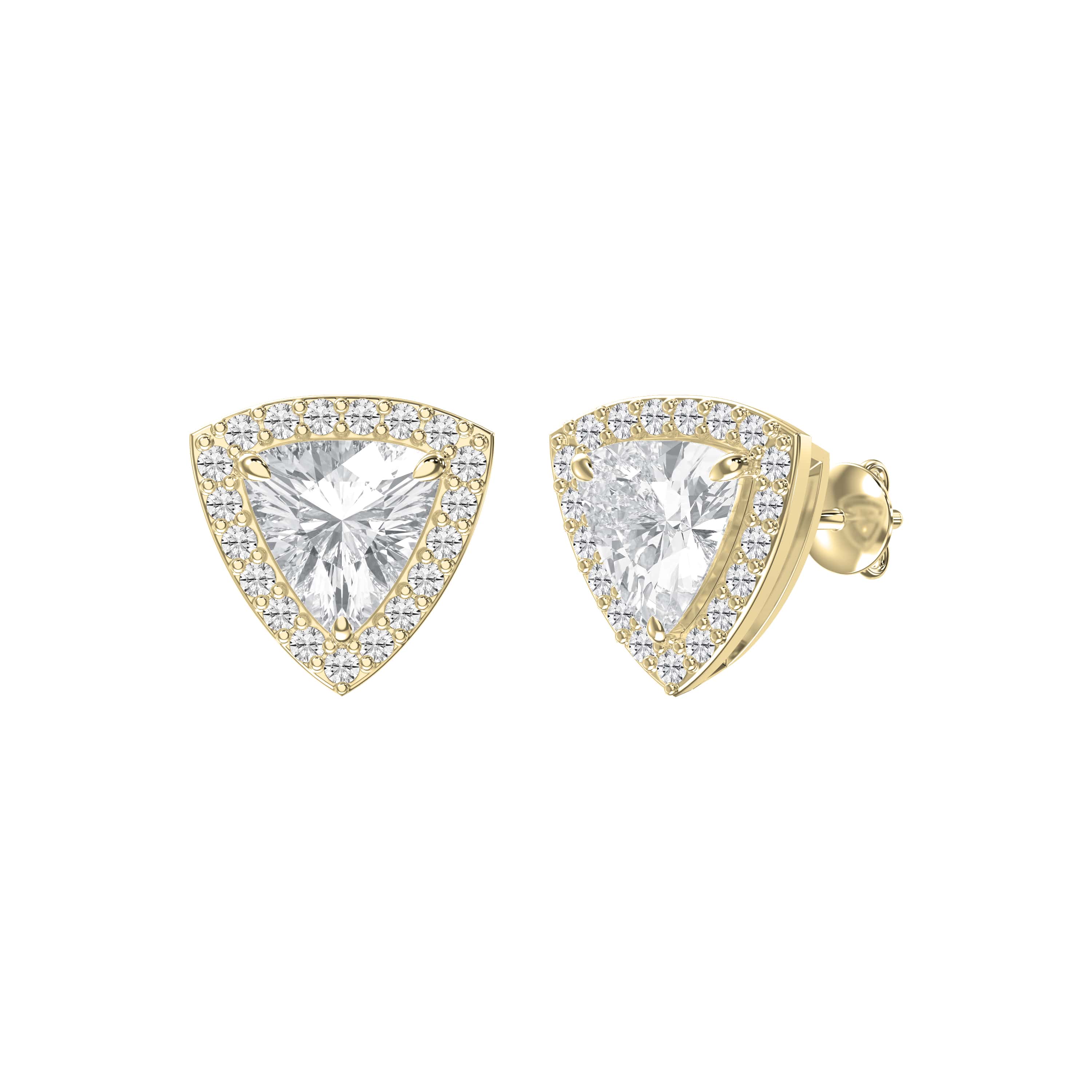 Trillion Cut Diamond Halo Stud Earrings – Triangle Solitaire with Round Brilliant Accent Diamonds | Lab-Grown