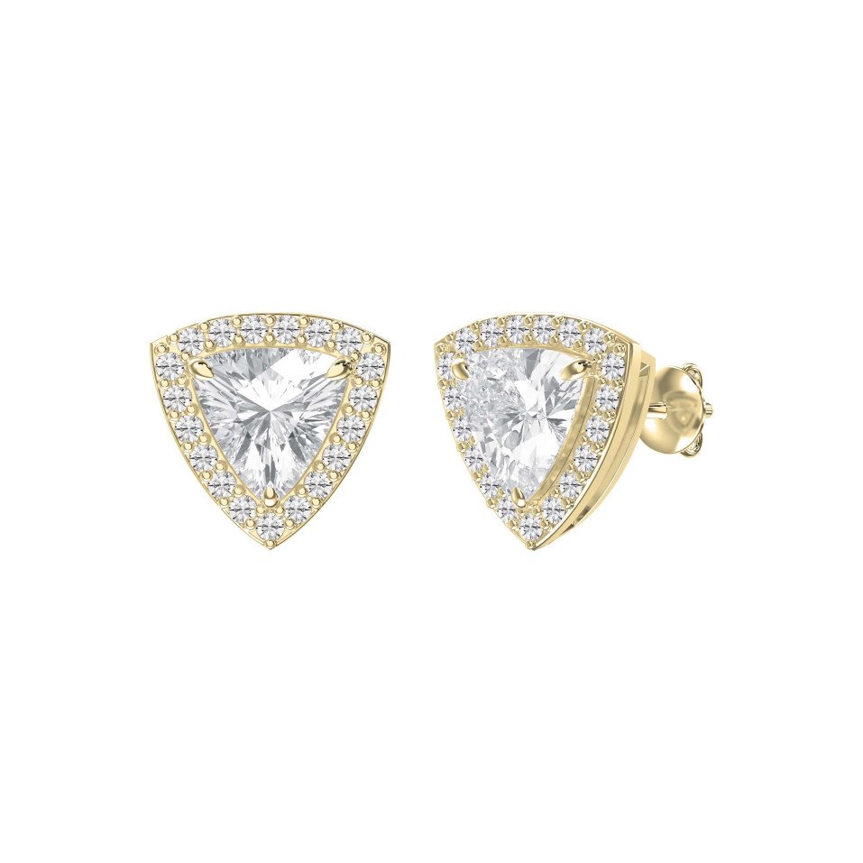 Trillion Cut Diamond Halo Stud Earrings – Triangle Solitaire with Round Brilliant Accent Diamonds | Lab-Grown