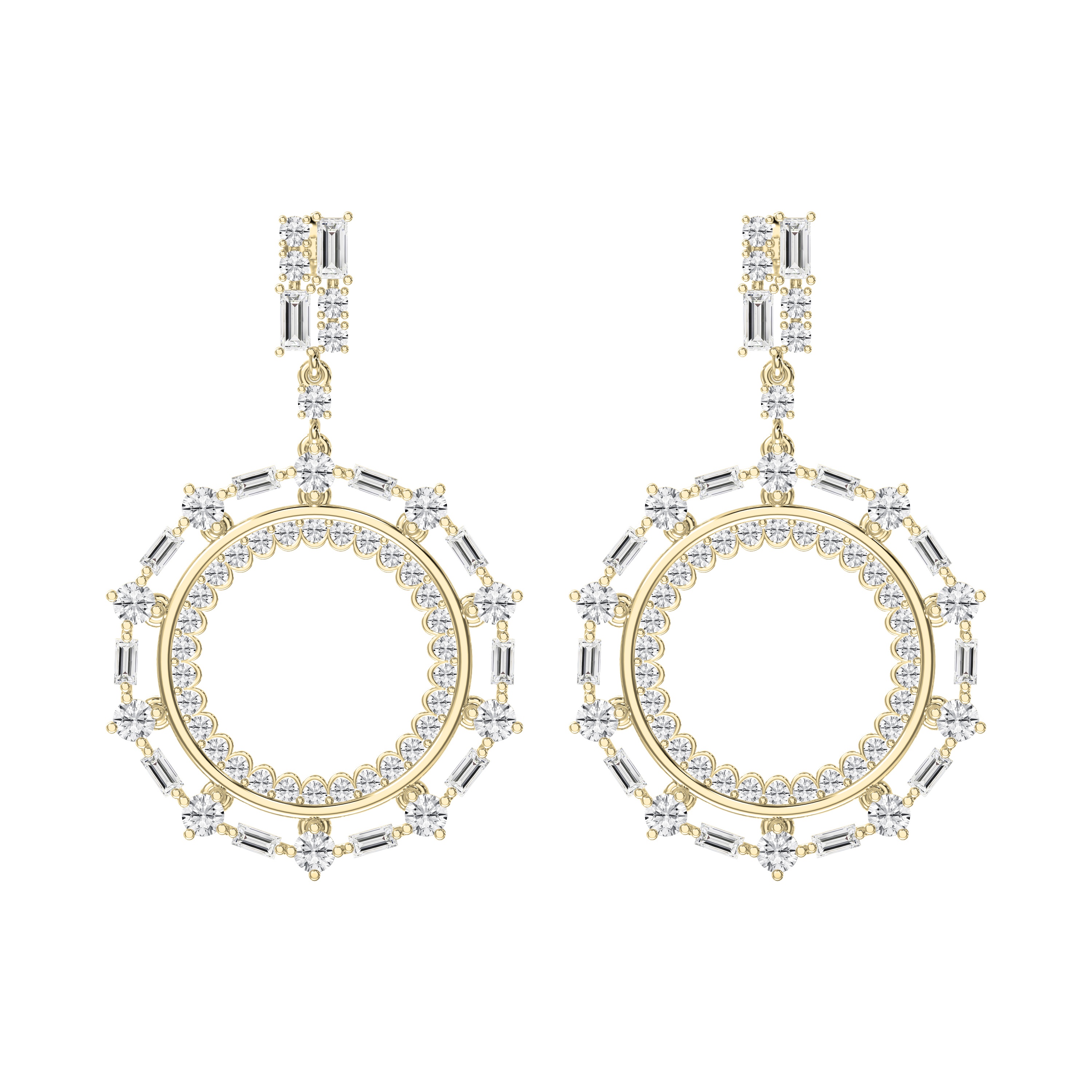 Luxury Diamond Circle Chandelier Earrings – Round & Baguette Drop Dangle Fashion Earrings
