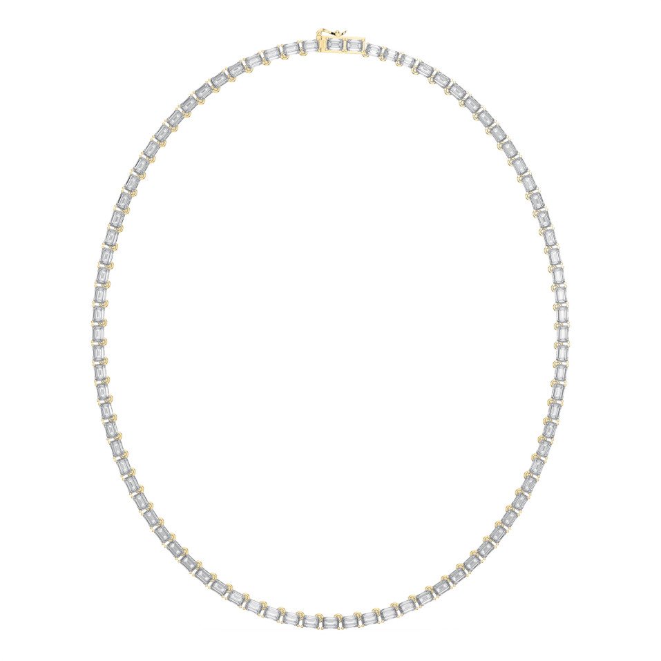 Elevate elegance with this 20.75 carat emerald cut diamond tennis necklace, crafted with 0.25 pointer diamonds in a seamless design. Available in lab-grown