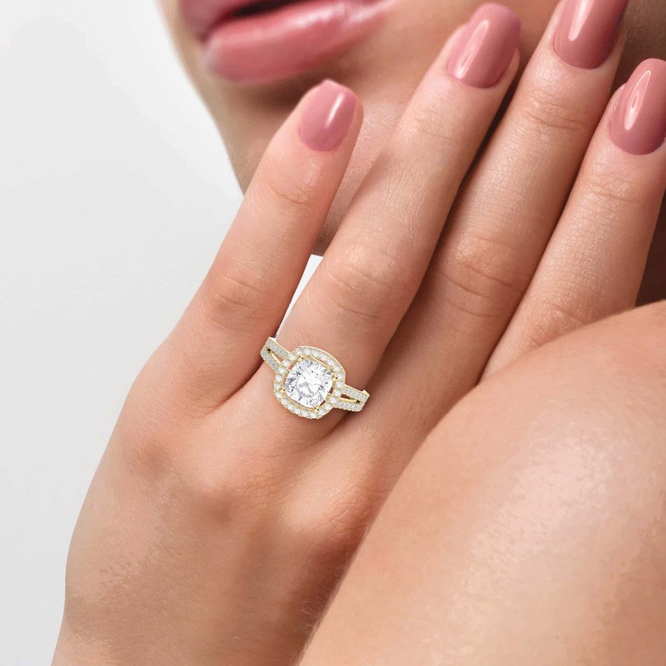 Cushion Brilliant Cut Halo Setting Engagement Ring with Side Stones
