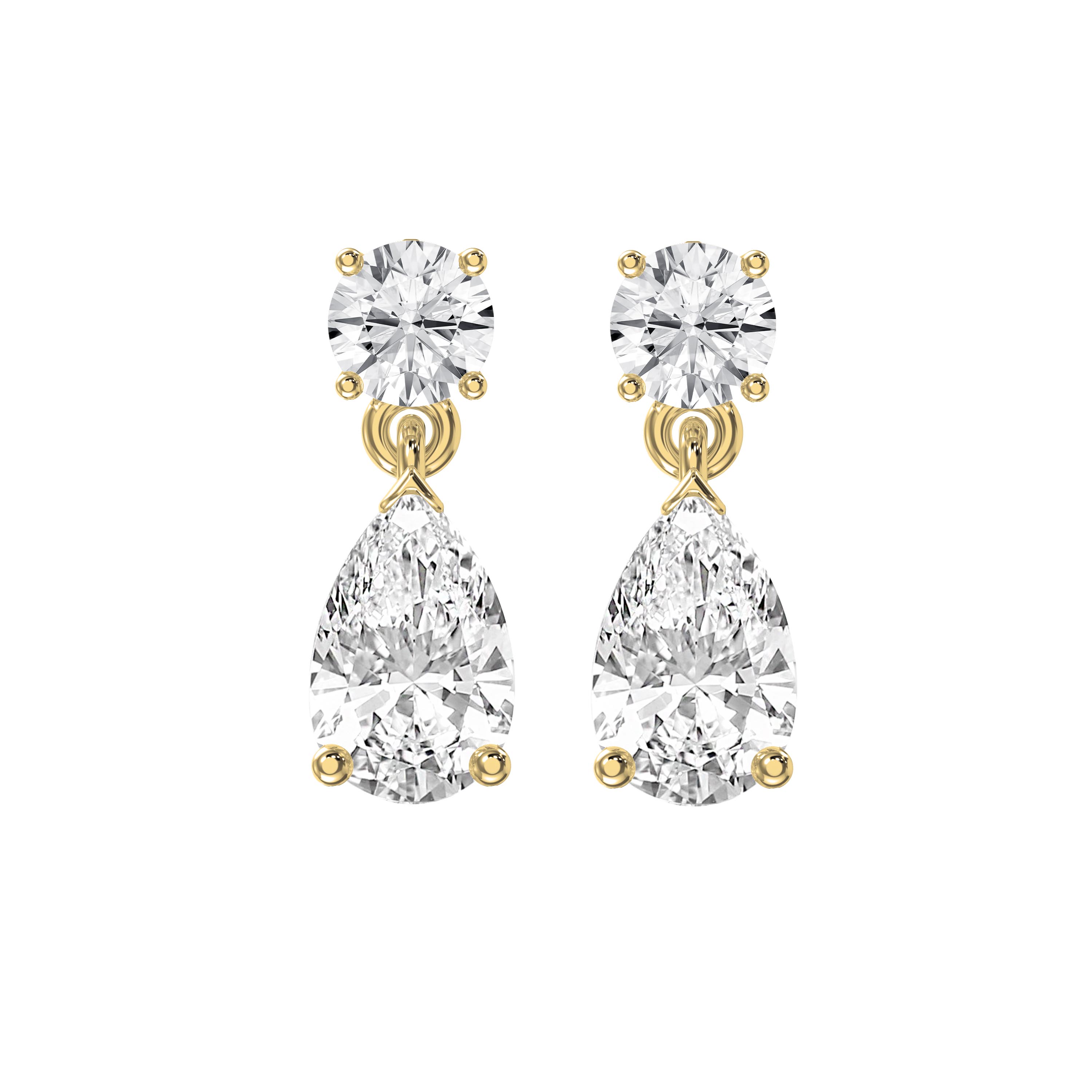 Luxury Drop Earrings – Round Brilliant & Pear Shape Diamond Duo | Choose Lab-Grown & Natural