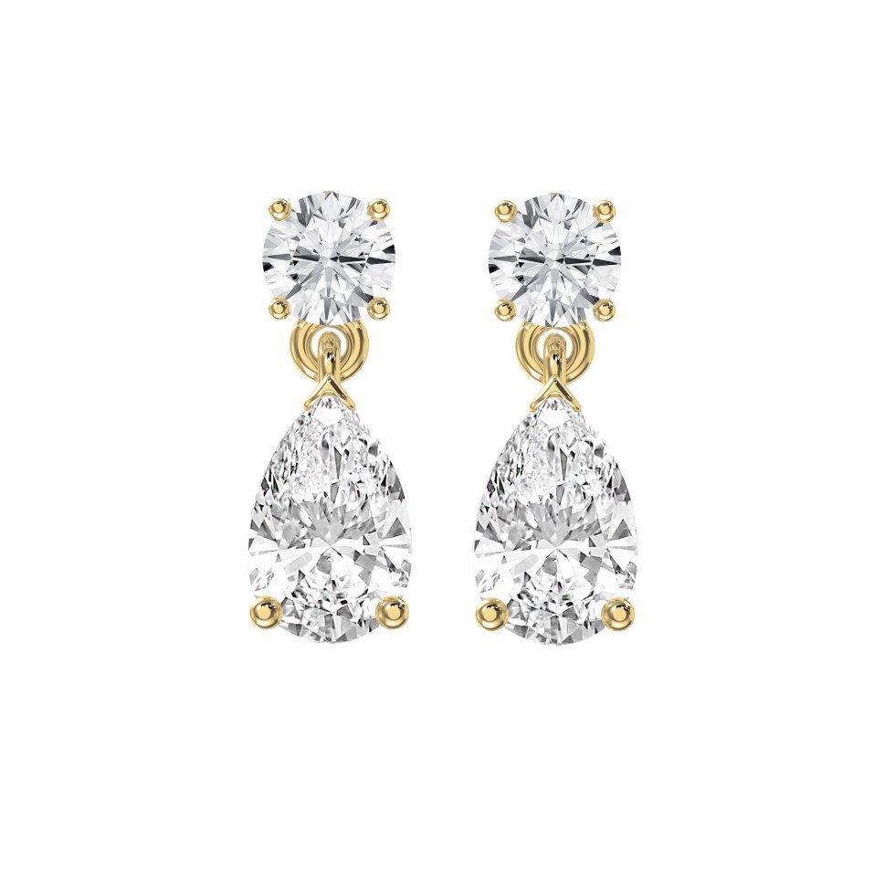 Luxury Drop Earrings – Round Brilliant & Pear Shape Diamond Duo | Choose Lab-Grown & Natural