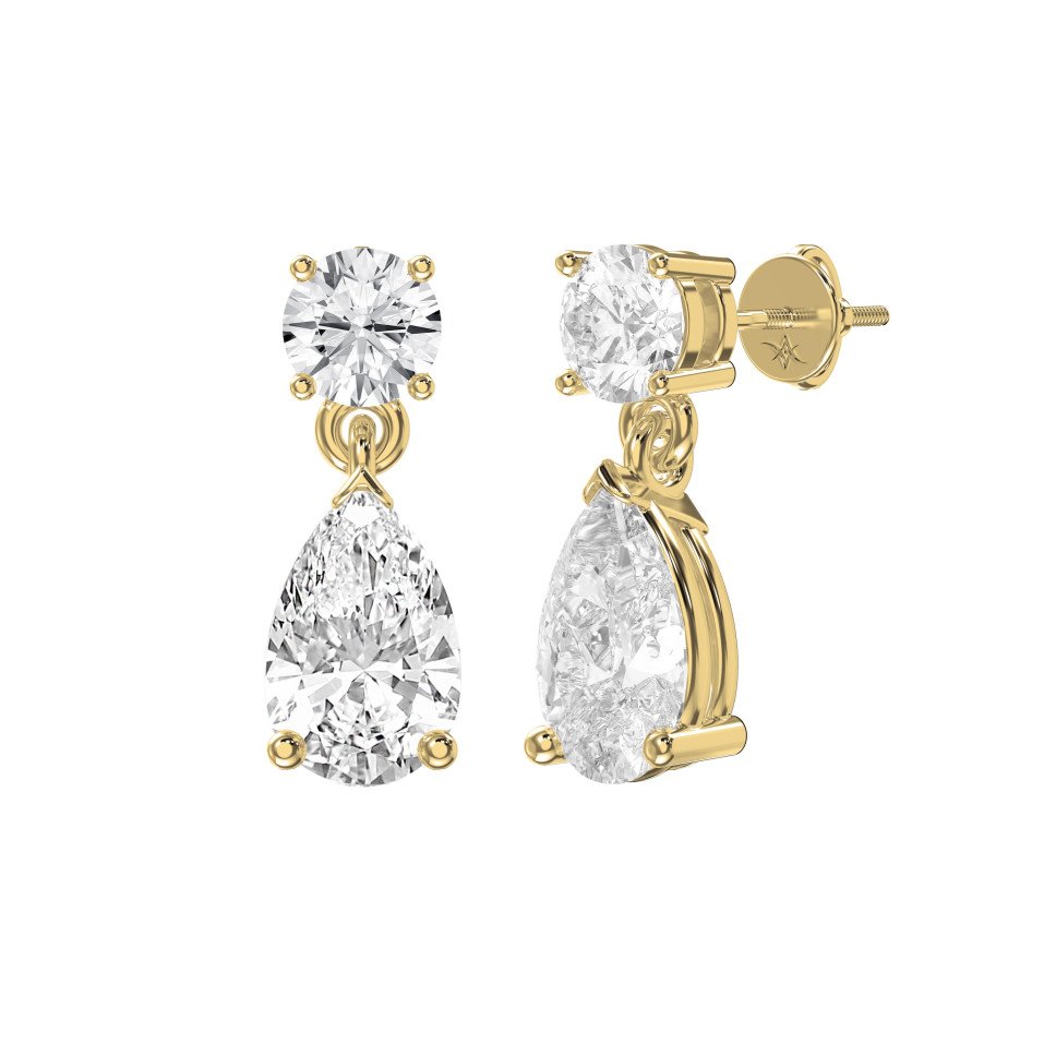 Luxury Drop Earrings – Round Brilliant & Pear Shape Diamond Duo | Choose Lab-Grown & Natural