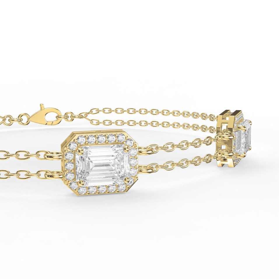 Emerald Cut Diamond Halo Bracelet – Double Chain Statement Design Gold & Platinum | Lab-Grown