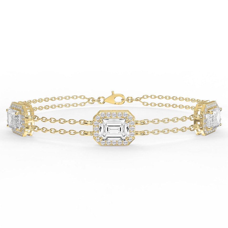 Emerald Cut Diamond Halo Bracelet – Double Chain Statement Design Gold & Platinum | Lab-Grown
